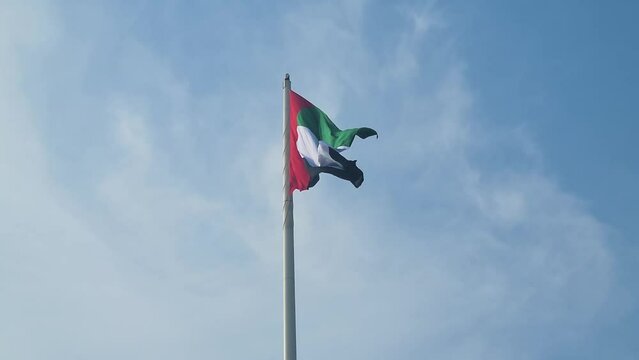 Flag of United Arab Emirates Waving on Pole, Slow Motion