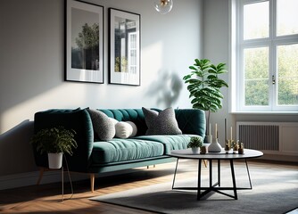 Living room with sofa and home decor. Minimal style. Generative AI