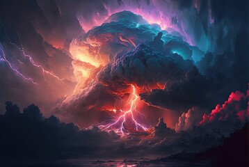 Fototapeta Sky with thunderous clouds. Digital painting style. Generative AI obraz