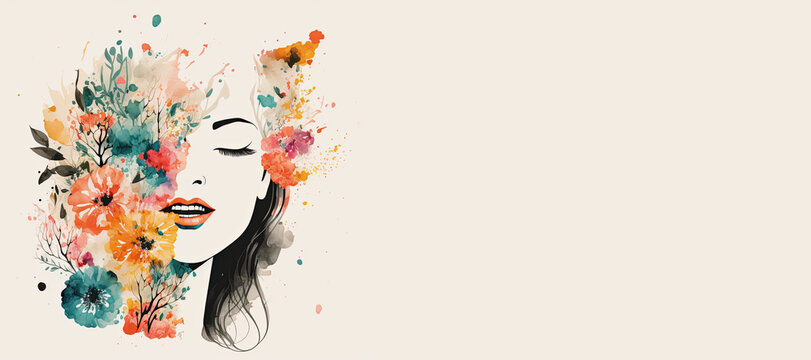 Happy Caucasian Woman Watercolor Painting Style Banner Made With Generative AI.