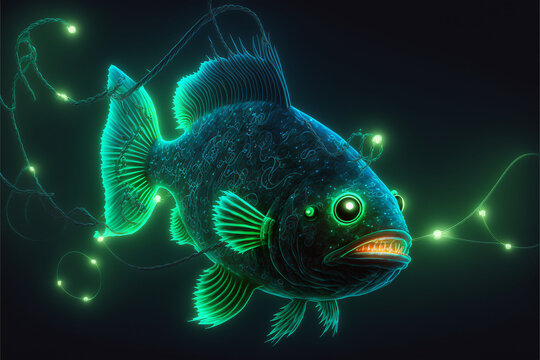 Neon angler fish. AI generation