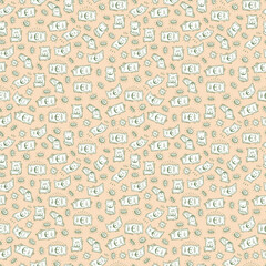 Money rain Vector Seamless pattern. Hand Drawn doodle Euro Banknotes and Coins