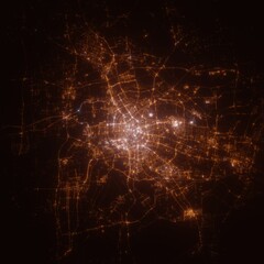 Tianjin (China) street lights map. Satellite view on modern city at night. Imitation of aerial view on roads network. 3d render