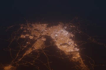 Aerial shot of Chihuahua (Mexico) at night, view from north. Imitation of satellite view on modern city with street lights and glow effect. 3d render