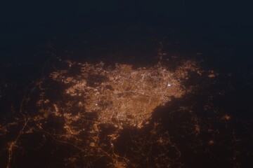 Aerial shot on Guadalajara (Mexico) at night, view from east. Imitation of satellite view on modern city with street lights and glow effect. 3d render