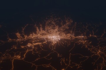 Aerial shot of Ulanbaatar (Mongolia) at night, view from south. Imitation of satellite view on modern city with street lights and glow effect. 3d render
