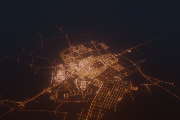 Aerial shot on Tabuk (Saudi Arabia) at night, view from east. Imitation of satellite view on modern city with street lights and glow effect. 3d render