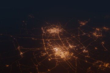Aerial shot of Buraydah and Unaizah (Saudi Arabia) at night, view from north. Imitation of satellite view on modern city with street lights and glow effect. 3d render