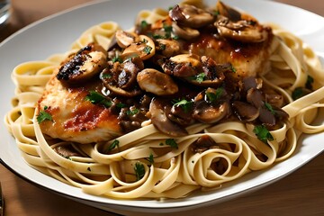 Delicious Food Grilled Chicken with Fettucine pasta and mushroom created with Generative AI technology