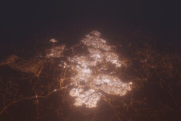 Aerial shot of Canberra (Australia) at night, view from north. Imitation of satellite view on modern city with street lights and glow effect. 3d render