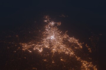 Fototapeta premium Aerial shot of Brisbane (Australia) at night, view from south. Imitation of satellite view on modern city with street lights and glow effect. 3d render