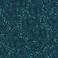 Seamless pattern with hand drawn flowers and leafs. Vector dark decorative floral abstract background.