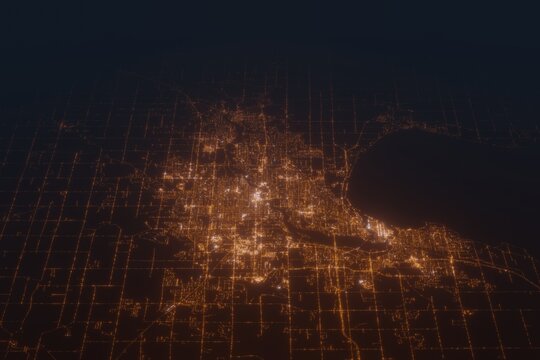 Aerial shot on Appleton (Wisconsin, USA) at night, view from west. Imitation of satellite view on modern city with street lights and glow effect. 3d render