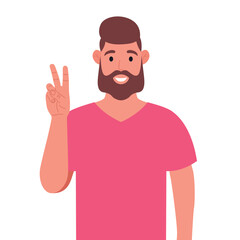 Bearded man in pink t-shirt shows victory gesture. A sign of success and peace. Vector illustration.