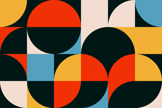 Abstract retro geometric seamless pattern in the Bauhaus style with grid and tile geo squares, triangles, semicircles and half-circles shape tileable background design