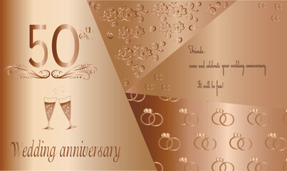 50th wedding anniversary invitation. Golden abstract decorative background. Rose gold metal. Decorative patterns with flowers. save the date