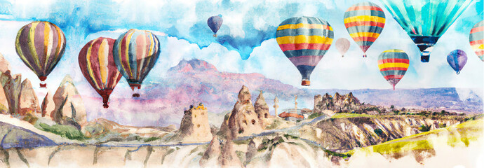 Watercolor colorful hot air balloons at Cappadocia, tourism concept. Watercolor painting. Generative AI