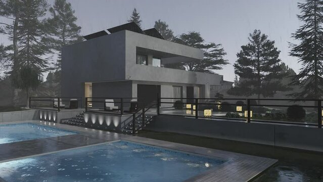 Modern house with a garden and a swimming pool with rain animation. Architectural 3D animation.