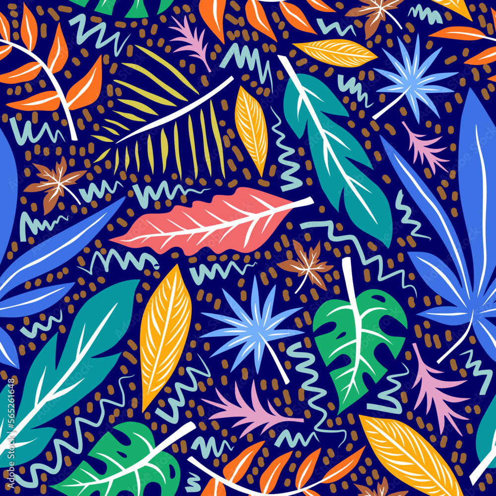 Poster hand drawing abstract leaf seamless pattern in colorful style.