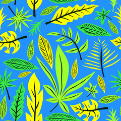 Hand drawing abstract leaf seamless pattern in blue green yellow style.