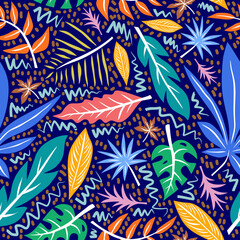 Hand drawing abstract leaf seamless pattern in colorful style.