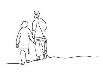 Hand drawing one line of mature couple walking together isolated on white background.