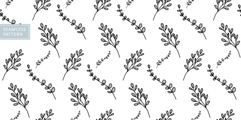 Stylish vector seamless black and white pattern with flowers, branches and leaves, eucalyptus for wallpapers, backgrounds, covers, testicles, wrapping paper
