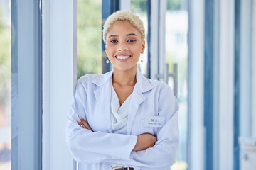 Happy, smile and portrait of scientist in office for science report, research or project in lab....