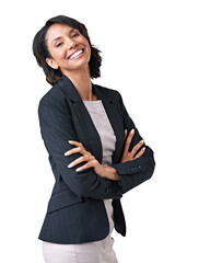 Portrait of a happy young businesswoman in a formal suit laughing with her hands crossed isolated...