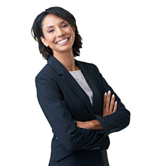 A portrait of a happy businesswoman laughing and posing with her hands crossed in formal wear...