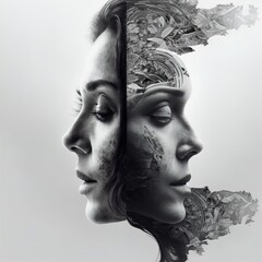 Double exposure image of woman and landscape. Made with Generative AI.