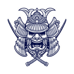 Hand drawn of Japanese samurai mask head illustration