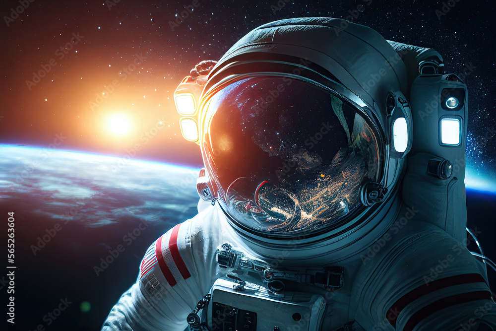 Poster astronaut in space suit flying in outer space with planet on background, close up. deep space explor