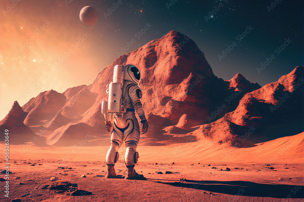Wall mural alone astronaut in space suit on surface of red planet. space exploration, colonization of new plane