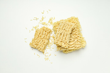 Concept of instant food, instant noodles, top view