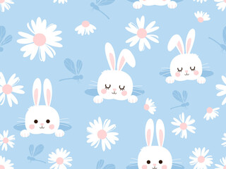 Seamless pattern with bunny rabbit cartoons, daisy flower and dragonflies on blue background vector illustration.