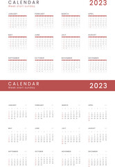 Set of 2023 Annual Calendar template. Vector layout of a wall or desk simple calendar with week start Sunday. Calendar design in black and white colors, holidays in red colors.