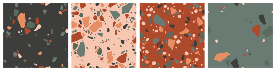 Collection of seamless patterns, terrazzo background set, the repeating texture of a classic Italian Venetian style floor made of natural stone, granite, quartz, marble, glass and concrete.