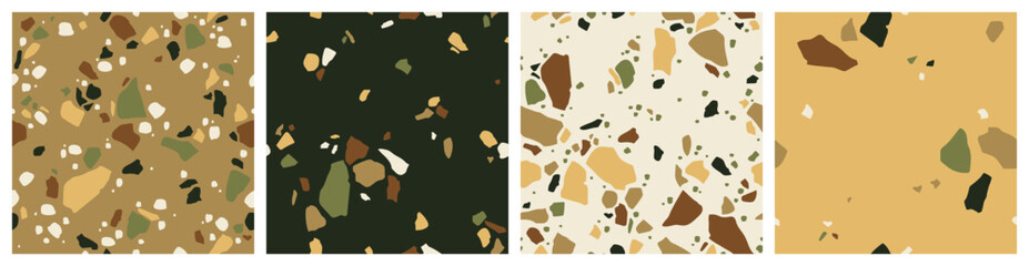 Collection of seamless patterns, terrazzo background set, the repeating texture of a classic Italian Venetian style floor made of natural stone, granite, quartz, marble, glass and concrete.