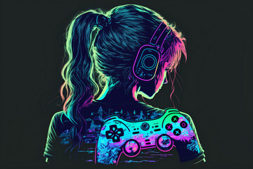 Girl gamer neon art style - obrazy, fototapety, plakaty