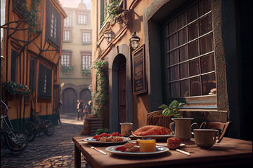 Image of street cafe early morning - obrazy, fototapety, plakaty