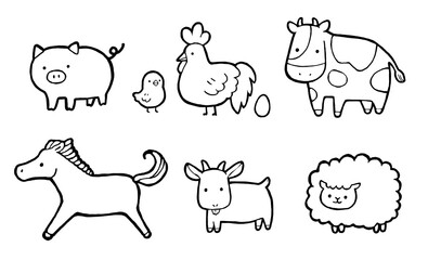 牧場のかわいい動物たちの塗り絵イラスト © fuku