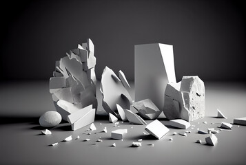 White pieces of Stone wall with broken textured edges, debris stone slabs for product display background. Generative AI.