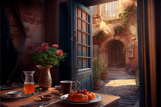 Fototapeta Image of street cafe early morning