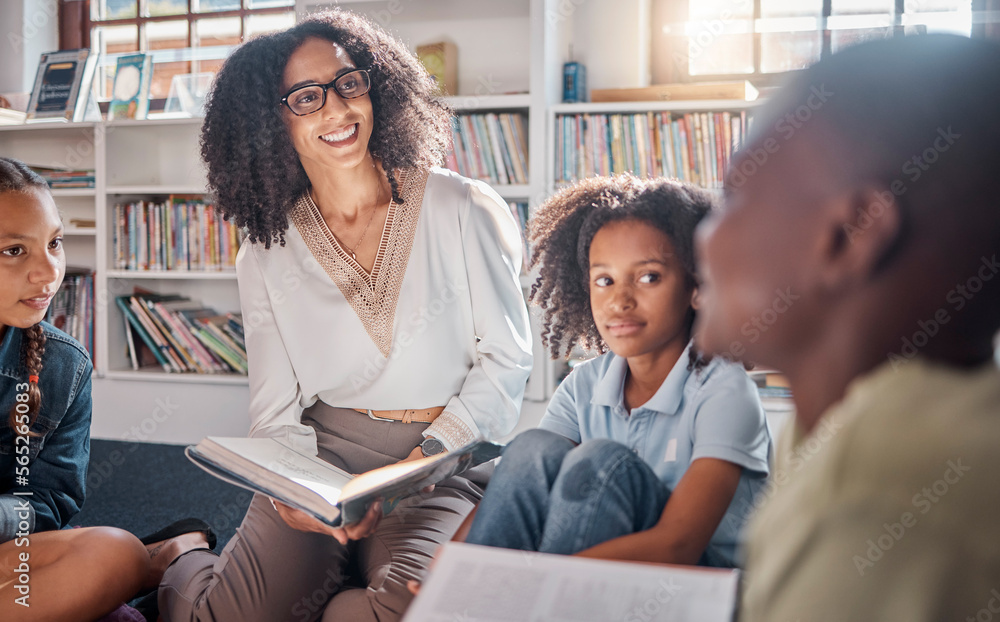Poster storytelling, teacher or students with talking in a library asking questions for learning developmen