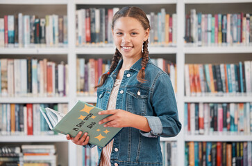 Portrait, books or girl reading in library for knowledge, education or development for future...