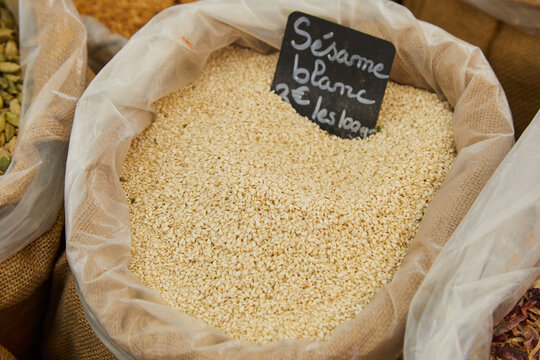  Sesame seeds in a trough with French label. France. Provence.