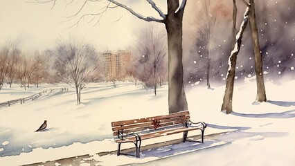 雪の積もった公園のベンチ