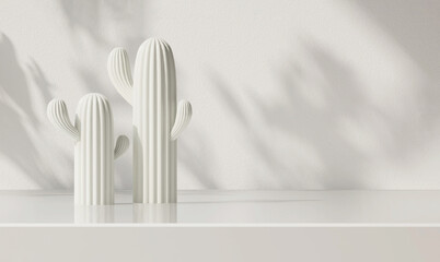Two cute, modern design white ceramic cactus on white stone counter table with space in sunlight,...