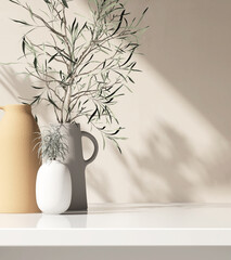 Gray, brown, white modern design clay vase with bamboo tree on stone counter table in sunlight, leaf shadow on beige cement wall for design decoration, beauty, skincare, product display background 3D
